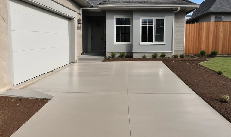 A freshly poured concrete driveway with clean edges and a smooth finish under a bright blue sky.