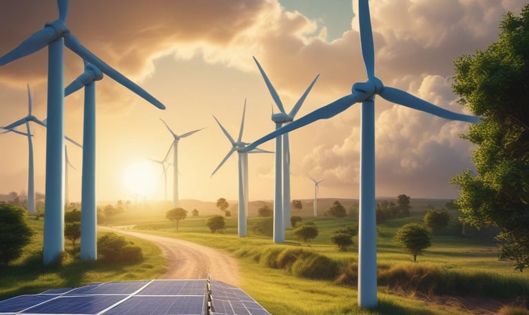Solar panels and wind turbines set against a vibrant sunrise landscape.