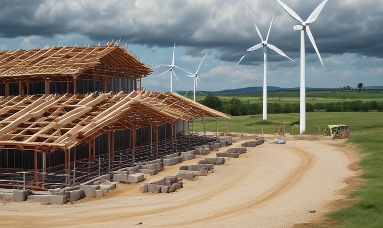 A modern construction site with cranes and workers collaborating under clear skies.