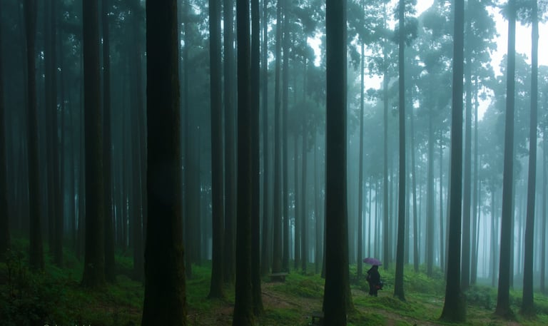 Picture of a misty jungle in hilly slope with two lovers standing.