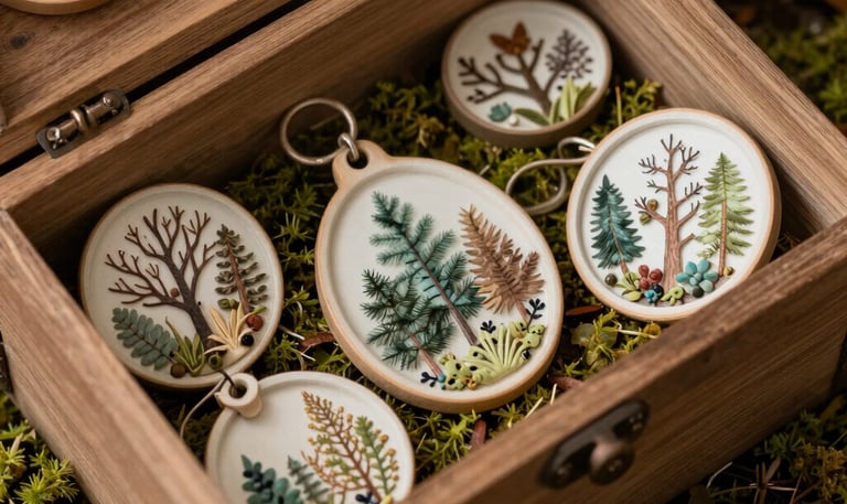 A close-up of a rustic wooden box filled with delicate forest-themed trinkets resting on moss.