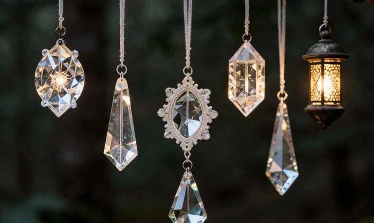 A softly lit arrangement of crystal pendants and amulets hanging from twisted branches against a dark forest backdrop.