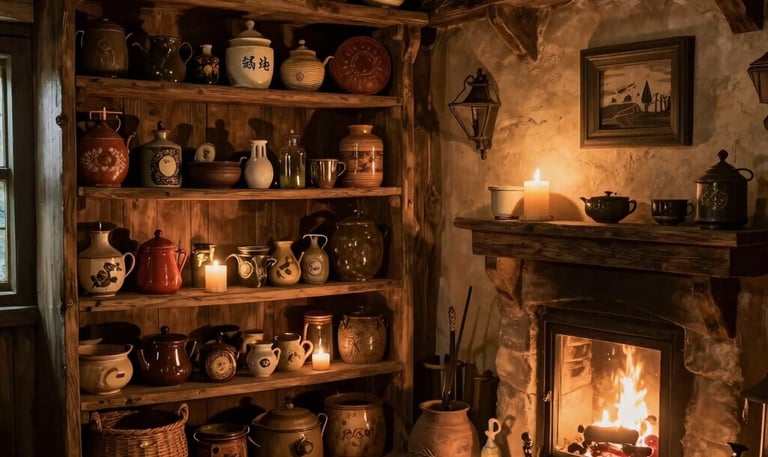Rustic stone fireplace and wooden shelves filled with vintage pottery in a cozy cottage kitchen.