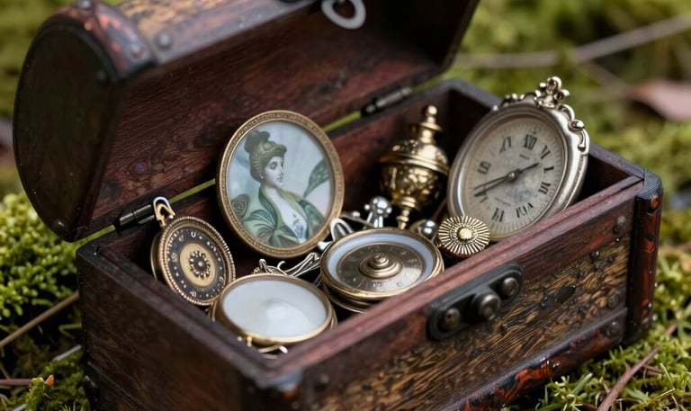 Vintage wooden jewelry box filled with antique pocket watches and gold trinkets on a mossy forest floor.