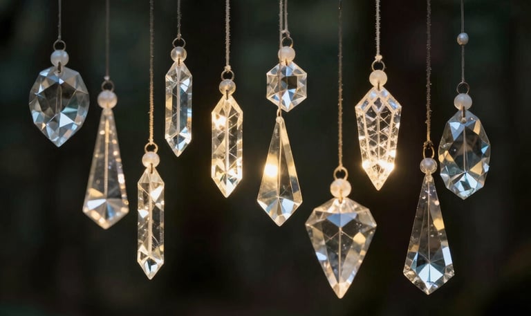 Crystalline suncatchers and hanging glass prisms dangling from a tree branch in a forest at sunset.