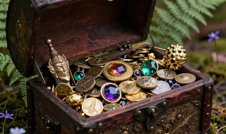 An open ornate wooden treasure chest filled with gold coins and colorful gems in a forest setting.