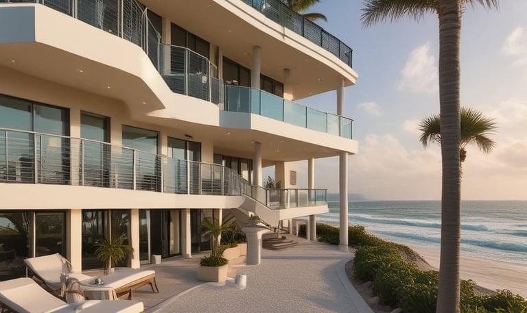 A sleek Miami waterfront condo with sunset reflections on glass.