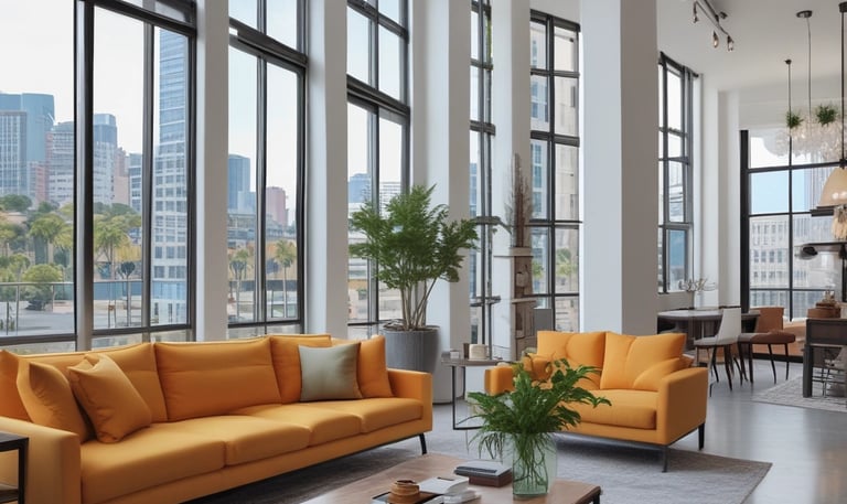 Elegant lobby entrance with marble floors and contemporary art.