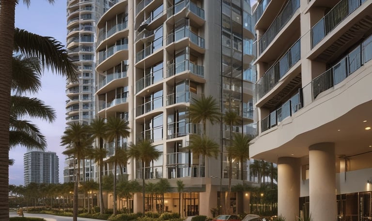 Modern high-rise apartment building with palm trees.