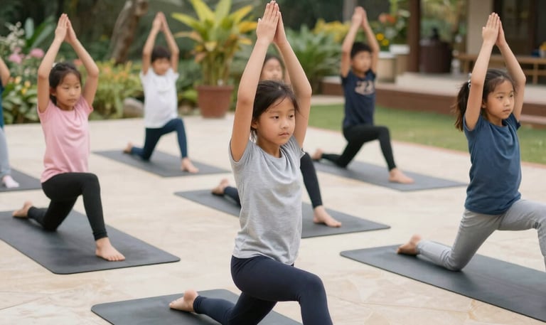Children aged 6 to 10 practicing yoga poses outdoors on a sunny day, surrounded by nature.