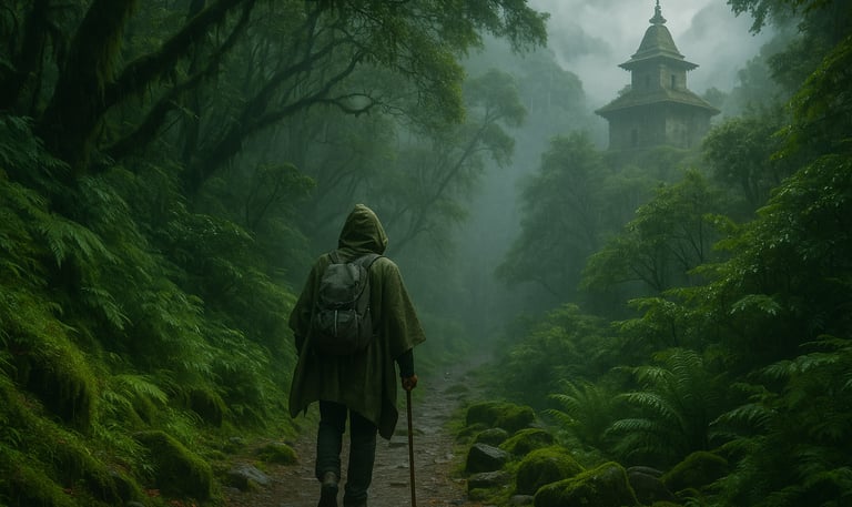 Trekker in rain gear walking a lush, misty Himalayan trail during monsoon.