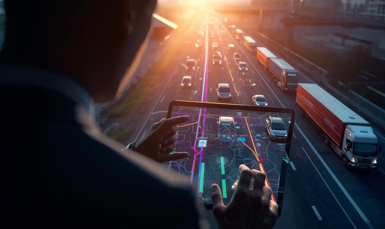 a man is holding a tablet computer and looking at a city street