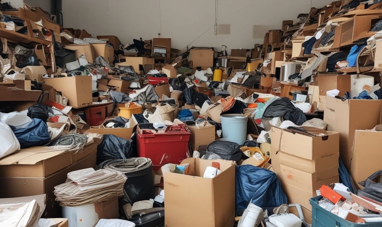 A large gray dumpster is positioned in an outdoor area surrounded by overgrown plants and debris. The front of the dumpster is spray-painted with the word 'CRUBBY!' in bold black letters. The background includes a rusted corrugated metal fence and an elevated roadway. Various discarded items and trash are scattered across the ground, adding to the scene's disordered appearance.
