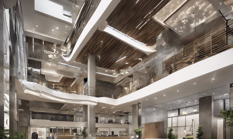 a large lobby area with a couch and a large glass ceiling