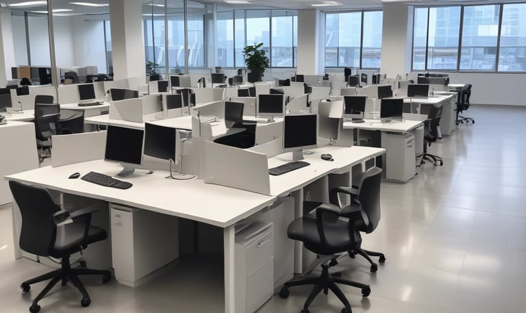 Two window cleaners are suspended by ropes, working on cleaning the glass windows of a tall building. Each cleaner is equipped with tools and a bucket, skillfully moving along the facade with safety harnesses. The building features reflective blue-tinted glass panels, creating a striking geometric pattern.