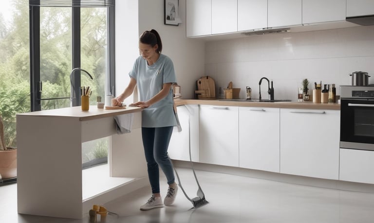 A person is mopping the floor in a clean and sterile-looking environment, possibly a hospital or laboratory. The setting includes a blue door, a cleaning cart, and stainless steel furniture.