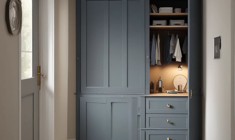 A person is working in a workshop, surrounded by various woodworking tools and materials. There are wooden panels, a measuring square, and a circular saw on the table. The floor is a rich brown wood, and beams of light create patterns on the surface.