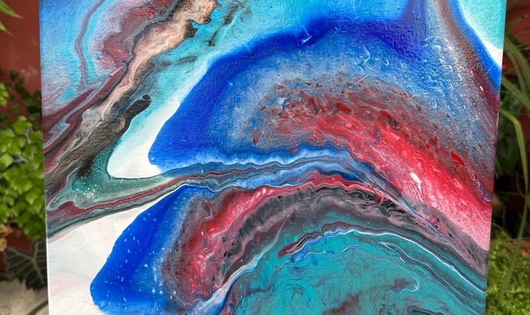Technique acrylique pouring bleu rouge