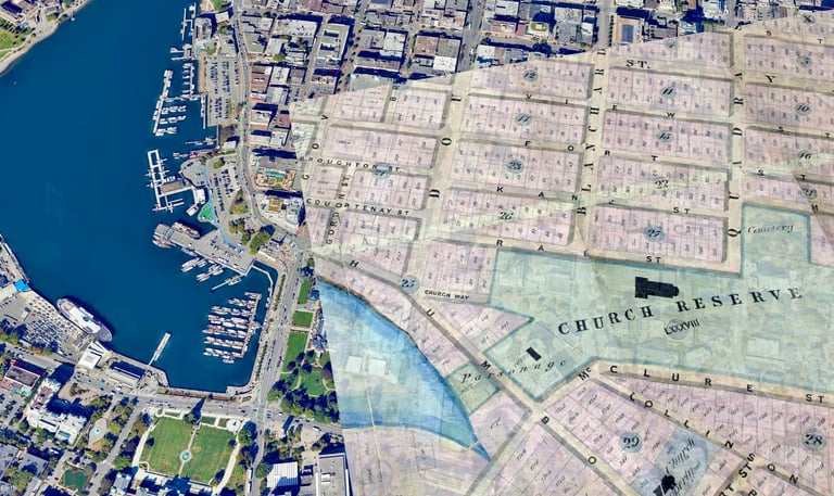 A satellite image of downtown Victoria, BC, overlayed with a historic, geo-referenced street map.