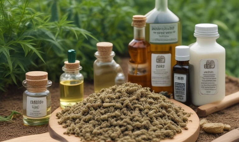 A person holds a small brown bottle labeled as 'Hemp Extract' with a dropper lid on an open palm. The background is softly blurred, suggesting an outdoor, nature setting.