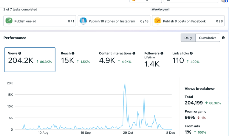 Screenshot of a Meta Business Suite graph of the 48 Hour Film Project social media annual growth
