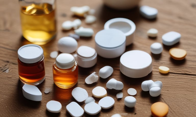 An image depicting various pharmaceutical formulations in a lab setting.