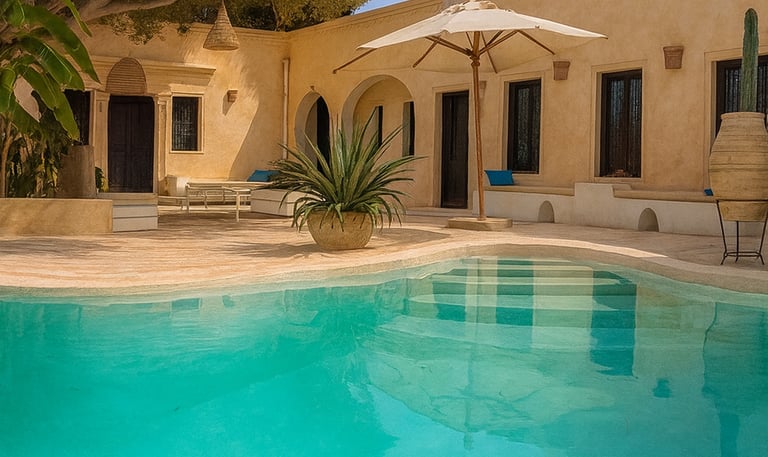 Patio piscine offrant détente après une journée de découverte de l'île.