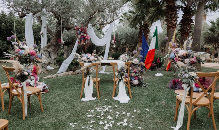 prato verde, cerimonia nuziale con sedie in legno