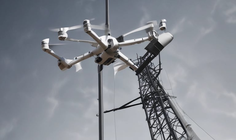 A white drone is flying in the sky, capturing a clear image of its four rotors. The background features a light blue sky with a few wispy clouds.