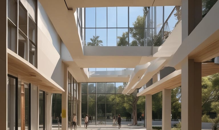The image features the intricate and modern architectural design of a building with sweeping curves and pointed arches. The structure showcases a complex pattern of supports and windows with a light, airy appearance. The sky is a clear blue with scattered clouds, enhancing the overall striking look of the architecture.