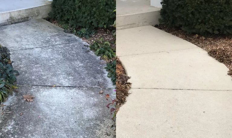 Before and after pressure washing concrete walkway