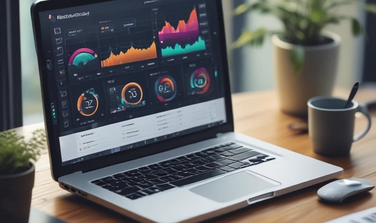 Analytics dashboard on a laptop showing marketing performance metrics