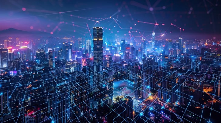 Futuristic digital city with blockchain-inspired network nodes representing the future of DeFi