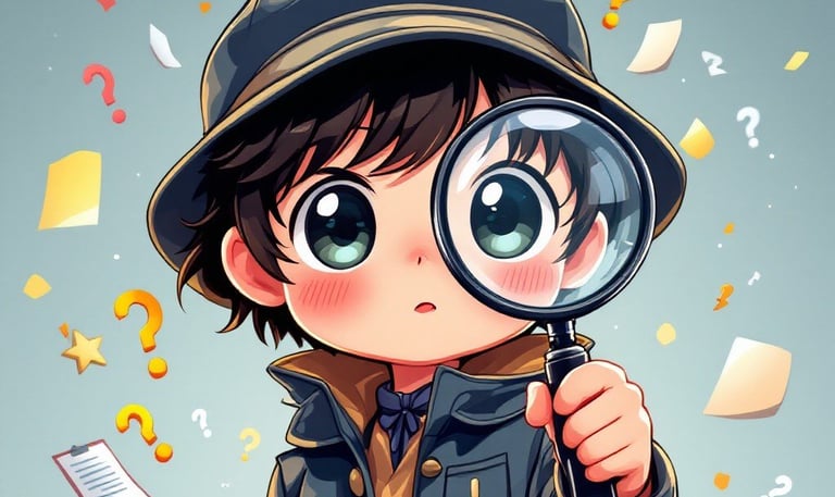 A charming young detective with oversized expressive eyes holds a magnifying glass while investigati