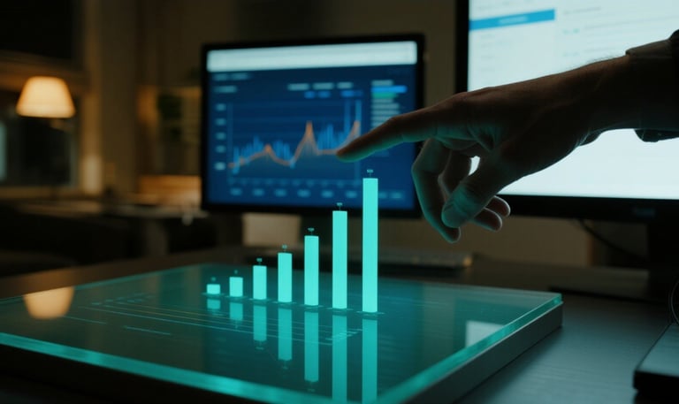 Hand pointing at a glowing analytics dashboard with teal data points rising upward on a navy backgro