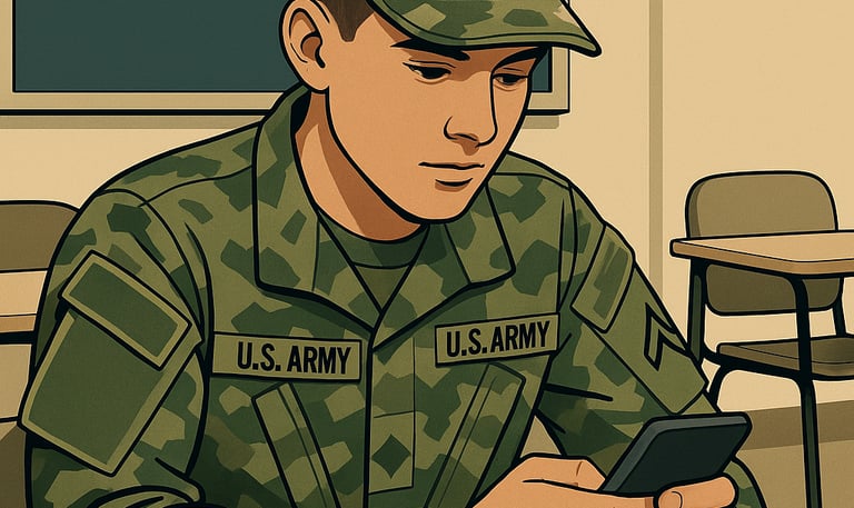 A stylized vector illustration of a young enlisted U.S. Army soldier in uniform.