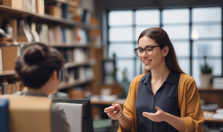 Friendly customs agent explaining paperwork to a client at the office.