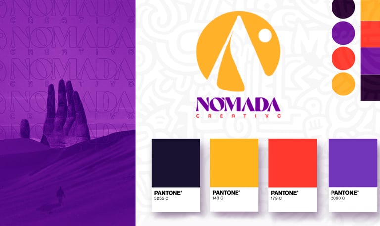 Nomada Creativo brand identity board featuring a mountain logo, purple desert dunes, and Pantone color swatches.