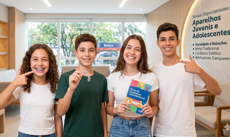 Quatro jovens sorrindo no dentista mostram variedade de aparelhos fixos e alinhadores invisíveis perto do metrô Belém.