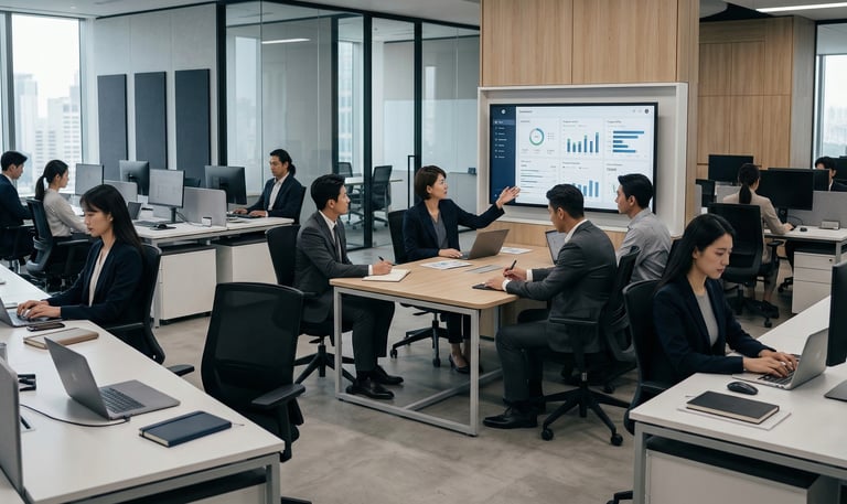 Professional business team analyzing data charts on a screen in a modern open-plan office.