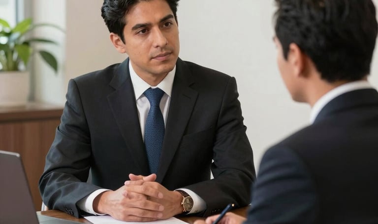 A professional lawyer consulting with clients in a modern office.