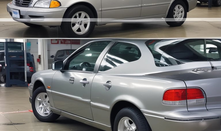 A close-up of a technician carefully spraying fresh paint onto a sleek car body in a bright, clean workshop.
