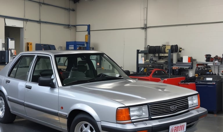 A mechanic using specialized tools to gently massage out a dent on a car door under bright workshop lights.