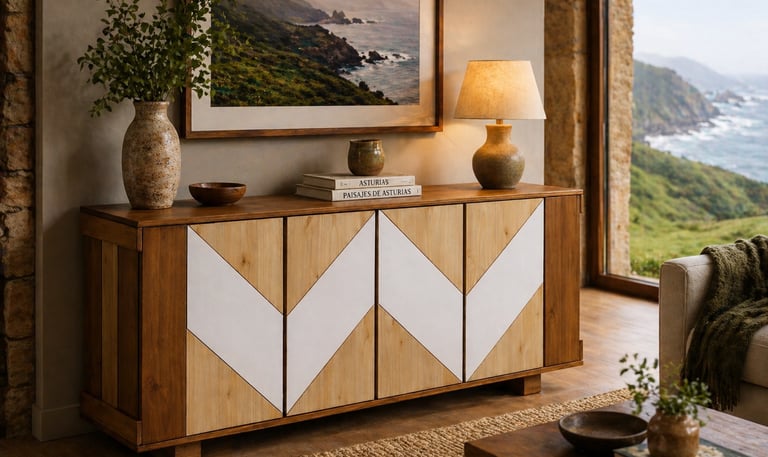 Mueble consola o aparador, original, diseño geométrico y varios colores.