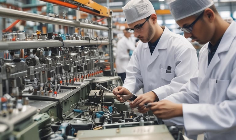 A busy factory floor with workers operating advanced machinery under bright lighting.