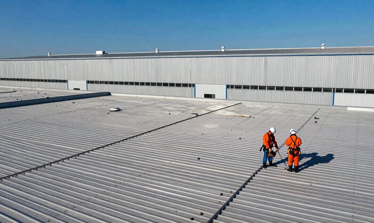 Professional roofers in safety gear performing a commercial metal roof inspection on a large industrial building.