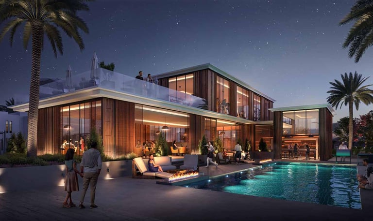 alt="Palm Hills luxury villa at night with private pool modern design and premium lifestyle in Egypt