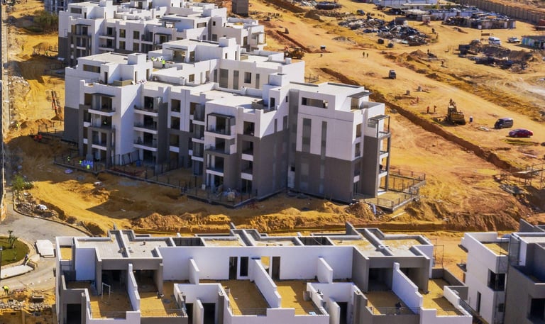alt="Palm Hills Egypt construction progress showing apartment buildings under development"