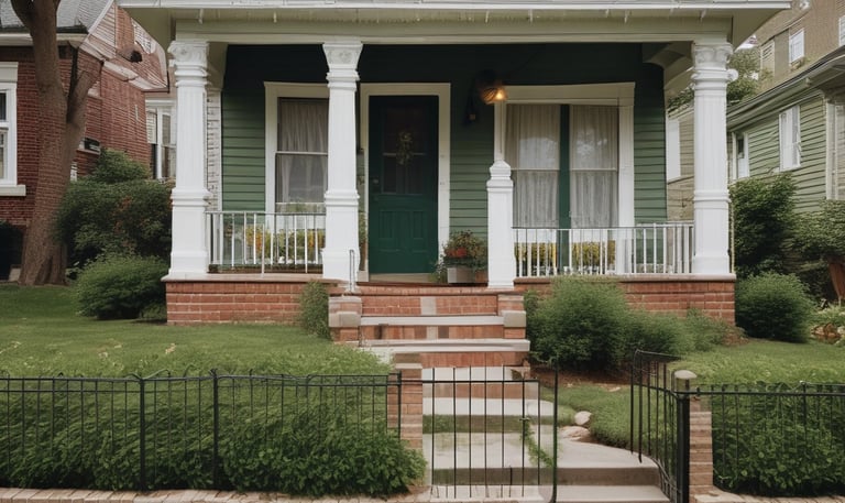 A cozy, modest home with a small garden where a veteran is planting flowers, symbolizing new beginnings.