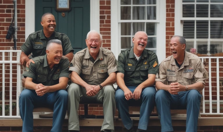A group of veterans and families smiling in front of newly built affordable homes on a sunny day.